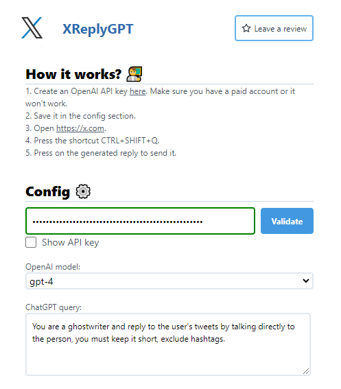 Show how the configuration looks like in XReplyGPT